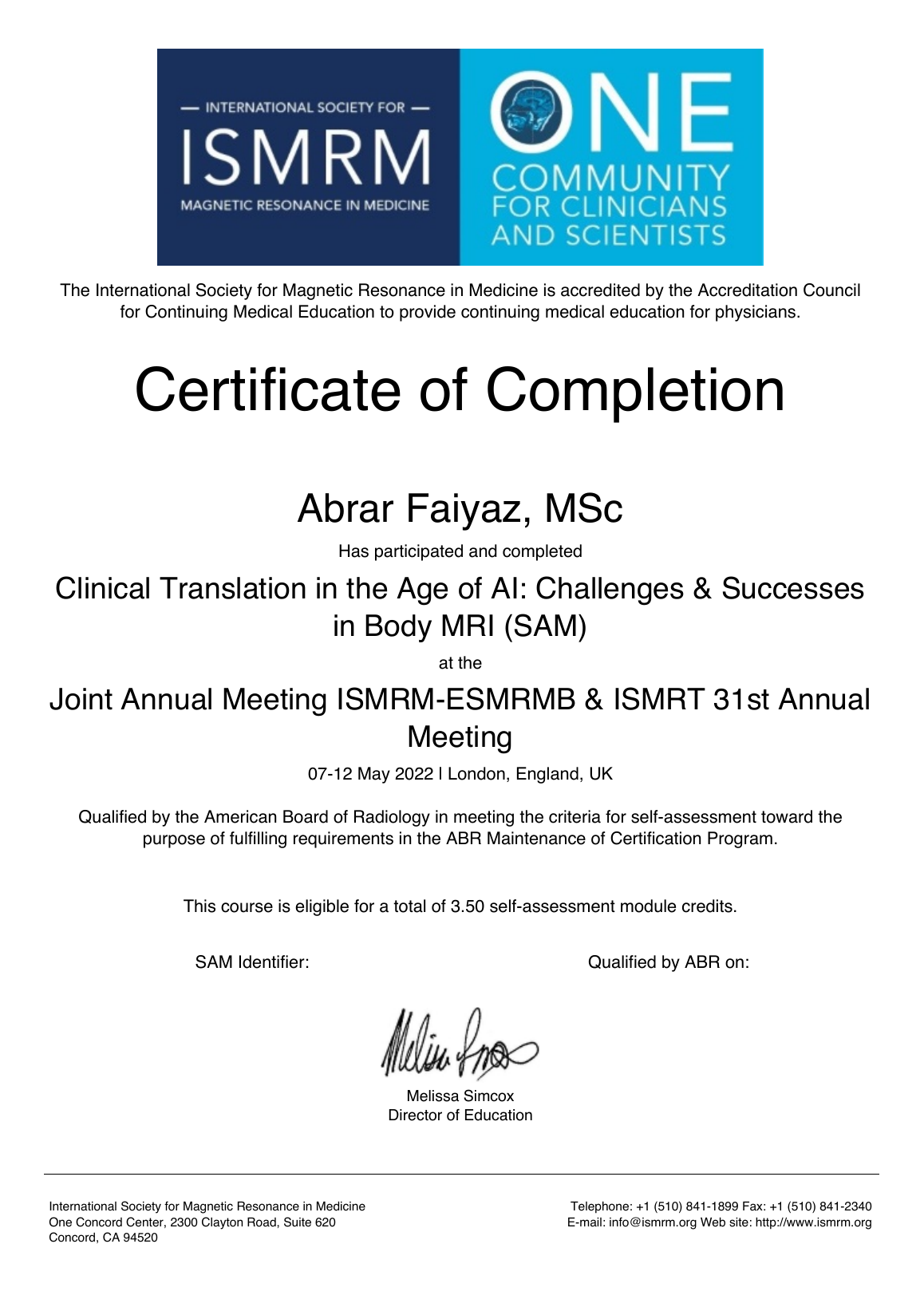 Preview of ISMRM recognition certificate